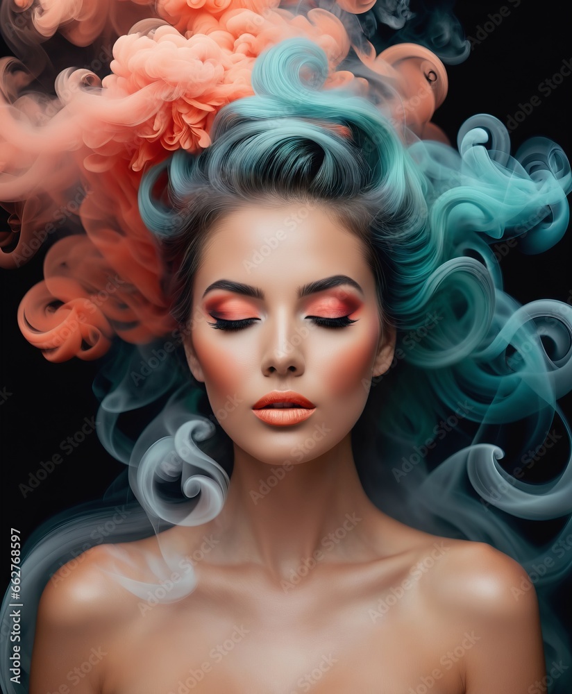 portrait of a woman covered in cloud of smoke