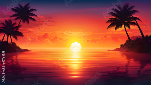 Beautiful sunset tropical beach illustration.