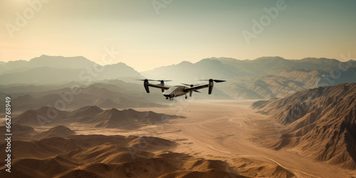 Drone hovers above a vast desert, modern technology.