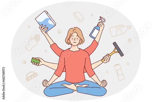 Calm woman meditating distracted from daily activity and chores. Relaxed housewife sitting with mudra hands practice yoga relieve stress. Vector illustration.