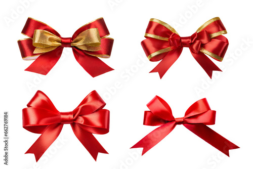 collection Red Gift Bow, Red Ribbon isolated on white background. front view; for decoration.