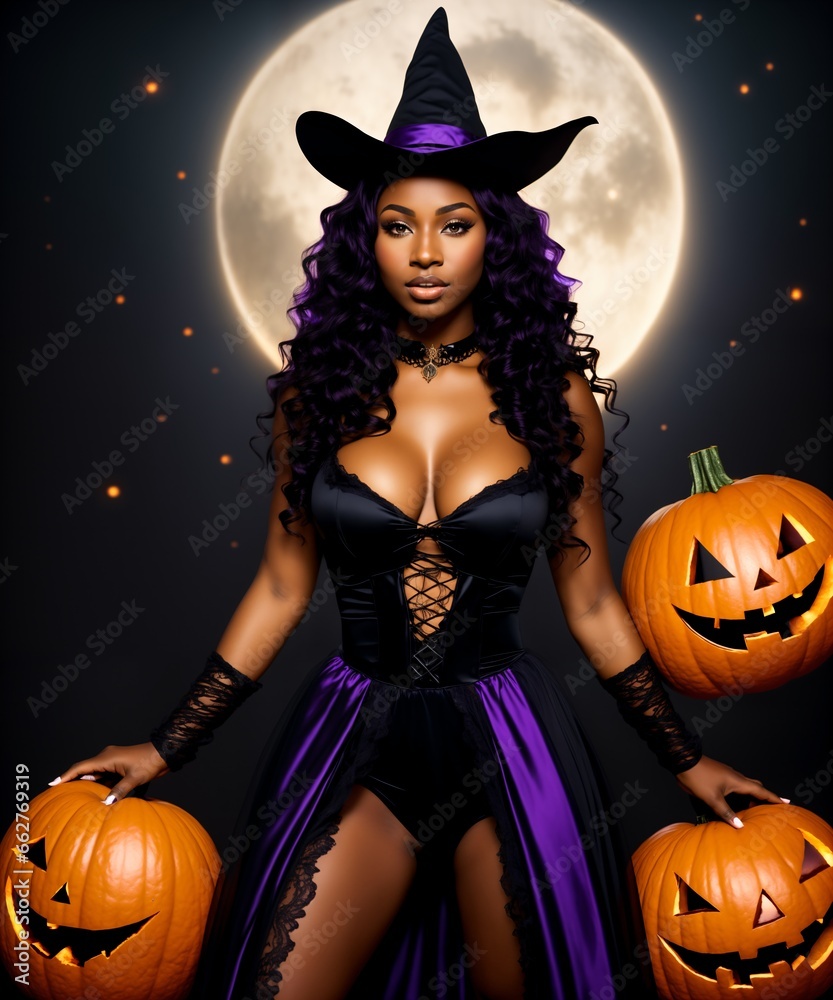 Sexy witch with pumpkins on the background of the full moon