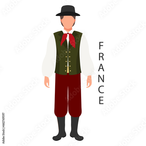 A man in a French national traditional costume. Culture and retro traditions of France. Illustration, template, vector