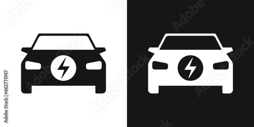 Passenger electric car vector icon. Car front view and electricity sign