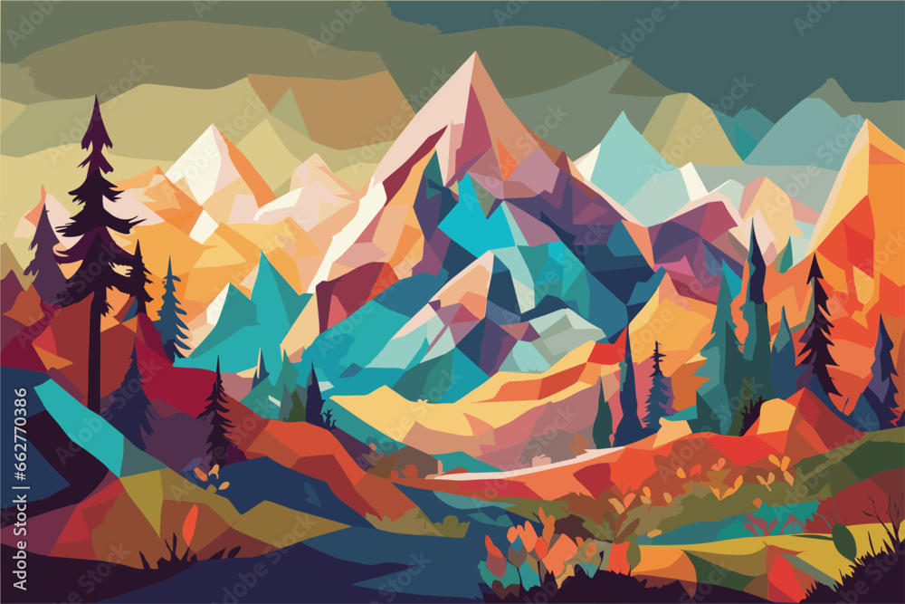 picture of mountain with trees in foreground, panfuturism, low polygon illustration, low polygon digital art, 2 d low polygon art