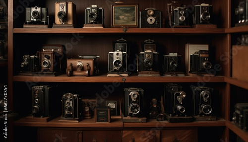 Antique camera on wooden shelf, a still life of nostalgia generated by AI
