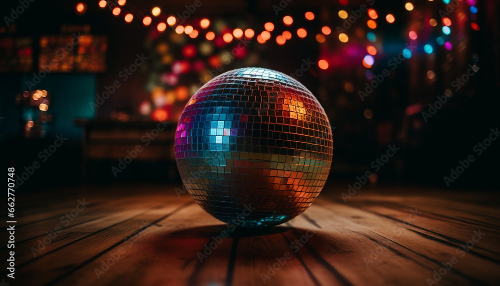 Obraz premium Shiny disco ball illuminates vibrant dance floor at nightclub party generated by AI
