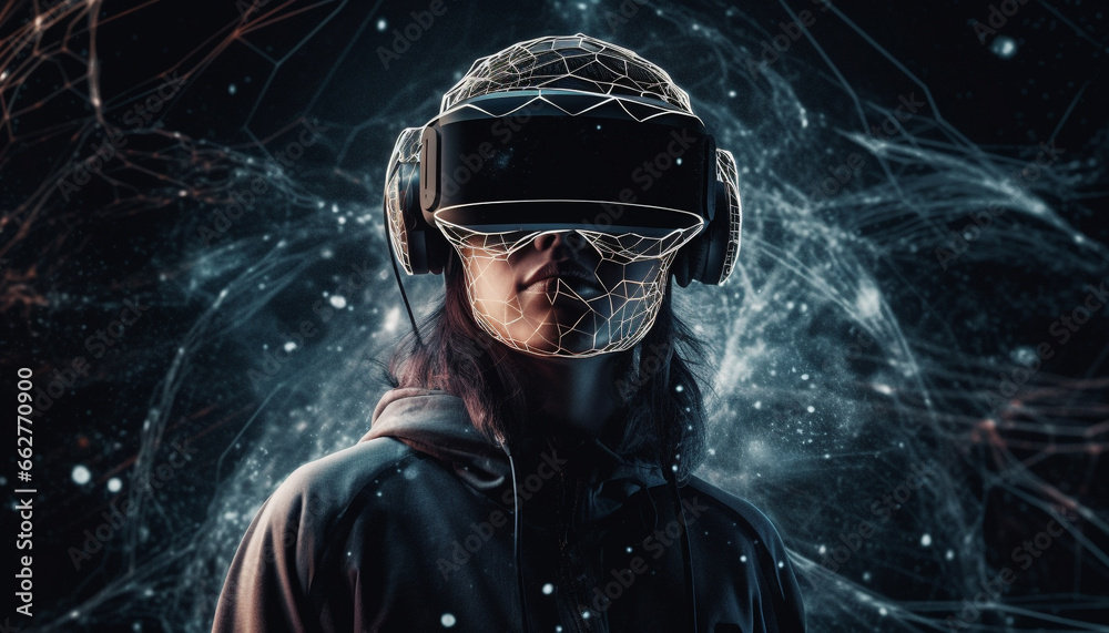 Futuristic technology One person in virtual reality simulator wearing protective eyewear generated by AI Futuristic technology One person in virtual reality simulator wearing protective eyewear generated by AI