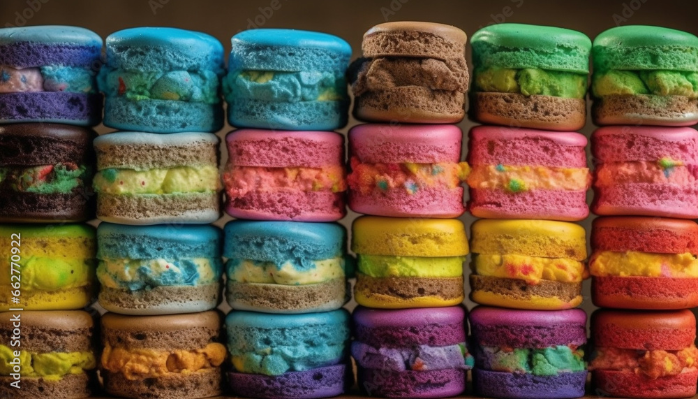 Fototapeta premium A vibrant collection of gourmet macaroons in a colorful arrangement generated by AI