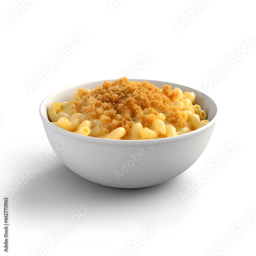 Bowl of tasty macaroni and cheese on white background- closeup