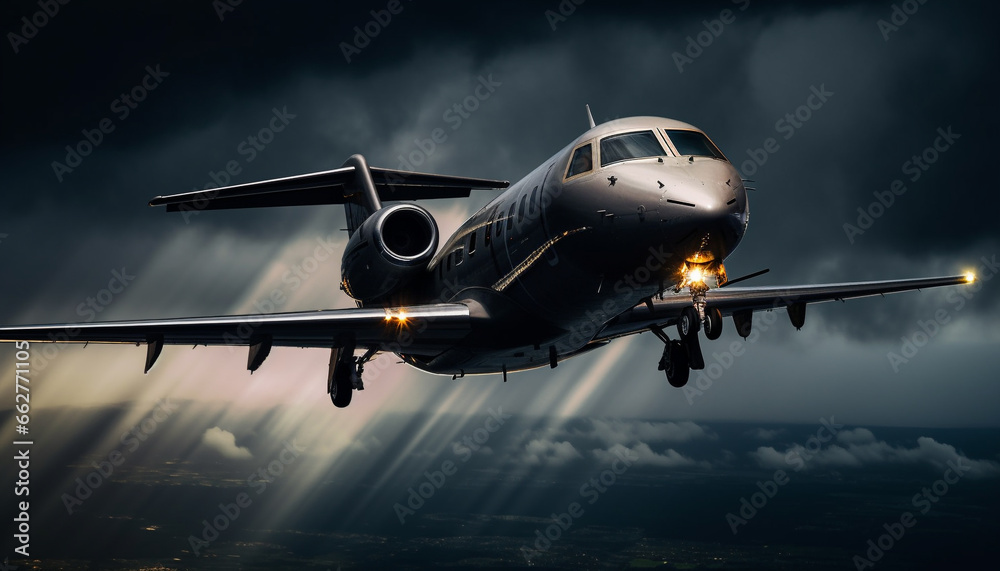 Jet engine propels cargo plane through dark sky at dusk generated by AI