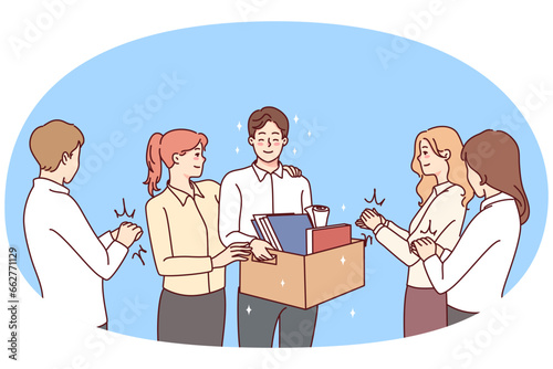 Happy employee welcome newcomer at workplace. Smiling businesspeople meet newbie in office. Employment and recruitment. Vector illustration.