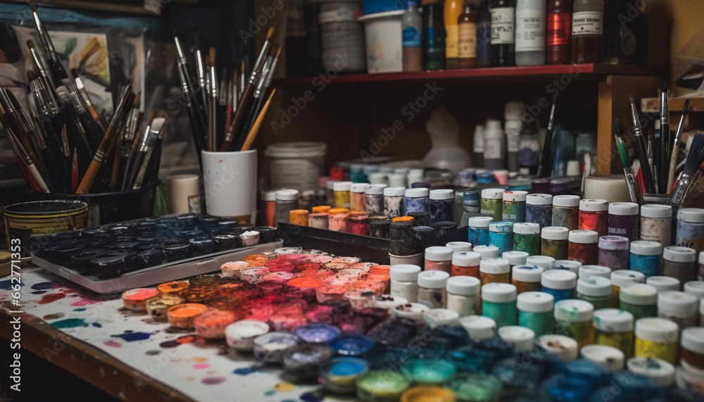 Vibrant colors of paint bottles arranged on messy workshop table generated by AI Vibrant colors of paint bottles arranged on messy workshop table generated by AI