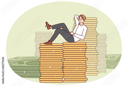 Happy successful businessman sitting on money stacks. Smiling man feel overjoyed with financial stability or wealth. Investment and finances. Vector illustration.