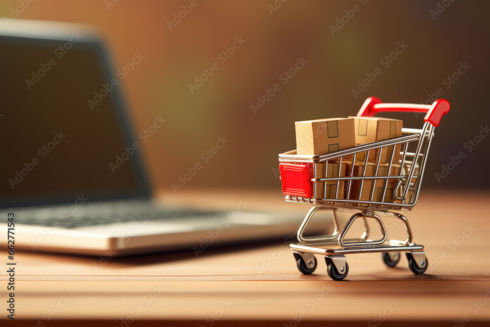 Closed up of small shopping cart with many package inside. Online shopping concept.