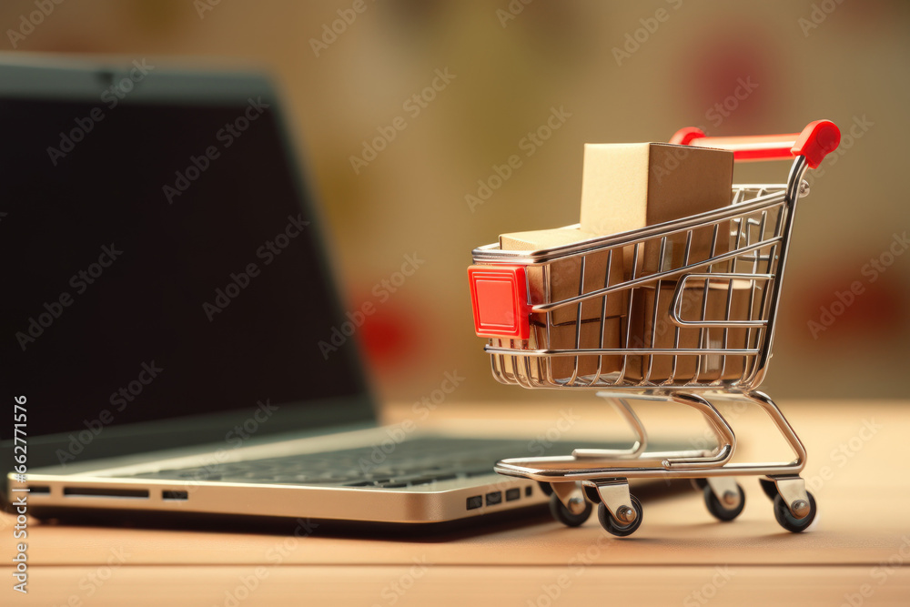 Closed up of small shopping cart with many package inside. Online shopping concept.