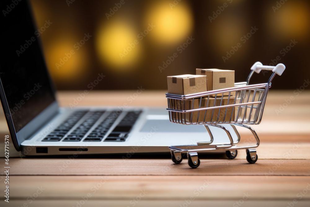 Closed up of small shopping cart with many package inside. Online shopping concept.