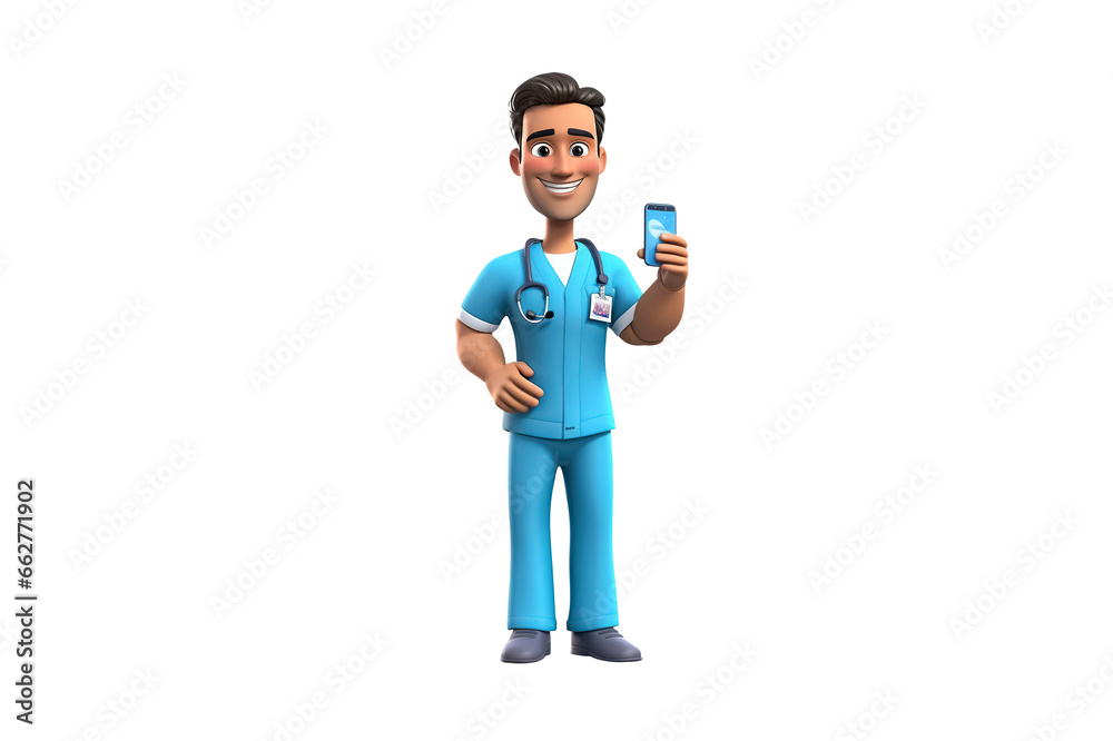 cartoon doctor with a phone isolated on transparent background. Generative Ai