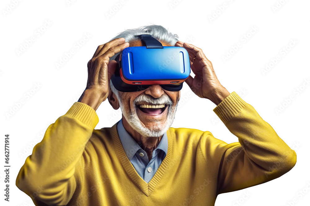 elderly man in virtual reality glasses isolated on transparent background. Generative Ai elderly man in virtual reality glasses isolated on transparent background. Generative Ai