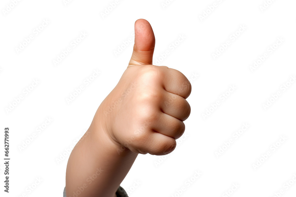 kids hand showing thumb up isolated on transparent background. Generative Ai