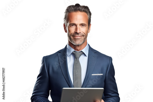 businessman with tablet isolated on transparent background. Generative Ai