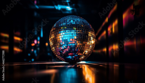 Shiny disco ball turning on illuminated dance floor at nightclub generated by AI