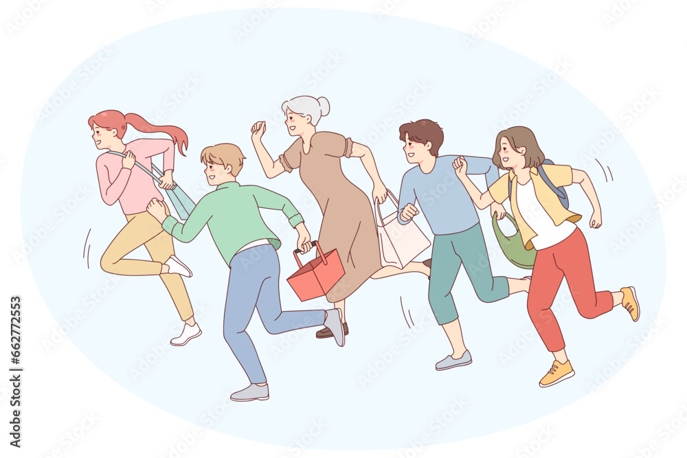 Fototapeta premium People running go shopping on sales. Excited shopaholics rush hurry for discounts or promotion. Vector illustration.