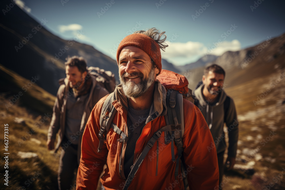 Group of happy male travelers with backpacks exploring mountain footpath with scenic view on background
