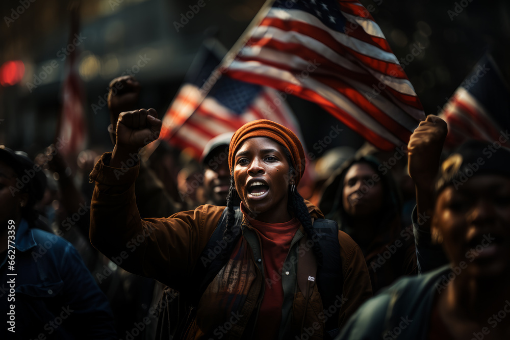 Young African woman shouting and gesturing while taking part in street protest for equal rights