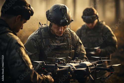 Group of soldiers in military uniform examining air drone during special operation photo