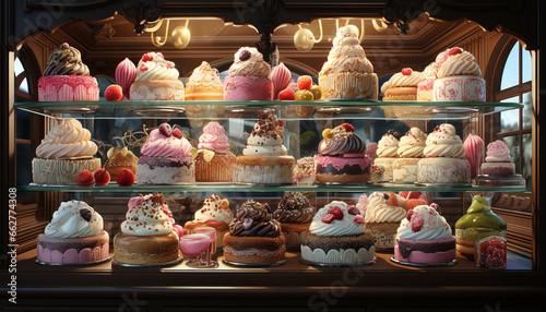 A sweet, pink cupcake collection decorates the ornate wooden table generated by AI