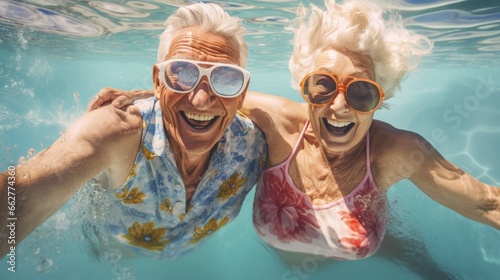 cheerful couple of old people swim in sea © Ирина Рычко