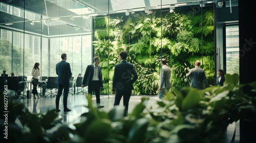 Office space with lush green plants. Sustainable and nature friendly corporate environment. Workspace for business productivity and employee wellbeing. Environmental responsibility in business, ESG