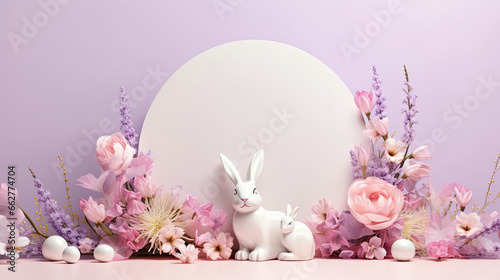  podium with flowers and bunny on pastel background. stage for cosmetic product