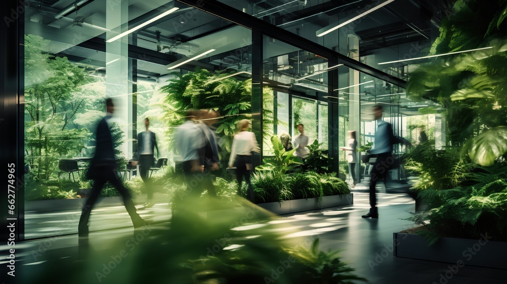 Office space with lush green plants. Sustainable and nature friendly corporate environment. Workspace for business productivity and employee wellbeing. Environmental responsibility in business, ESG - obrazy, fototapety, plakaty 