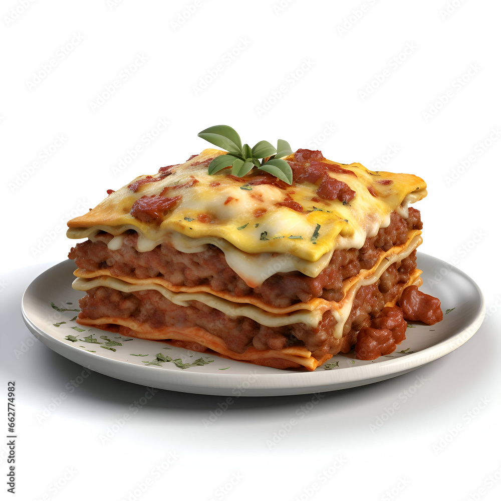 Illustration of a plate of lasagna on a white background.