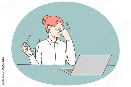Unhealthy woman employee suffer from migraine