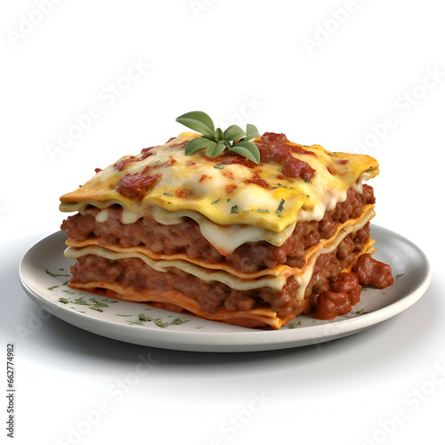 Illustration of a plate of lasagna on a white background.