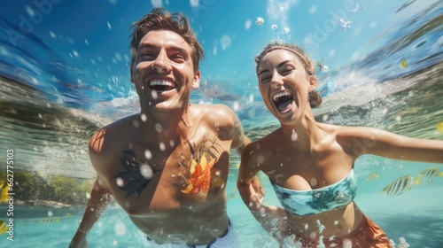 cheerful young couple swim in the sea © Ирина Рычко