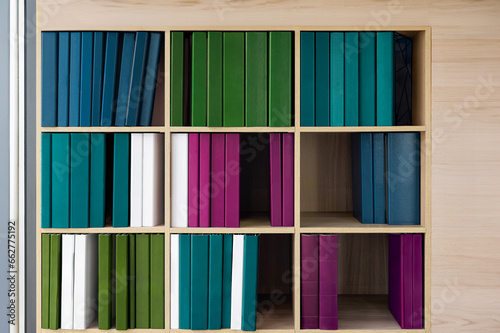 The background of a bookshelf with folders. Documents, reports and collections of articles for work