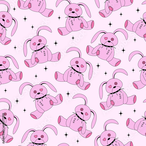 Seamless patern with old plush emo bunny wearing spiked collar. Y2k romantic goth background. 2000s style concept. Vector glam design