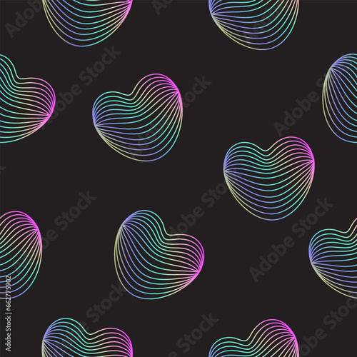 Seamless vector pattern with rainbow colored heart shapes. Retro futuristic, acid rave 3d elements. Y2k background. Holographic gradient design