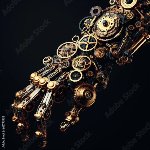 Steampunk-inspired robotic arm adorned with brass gears and clockwork mechanisms.