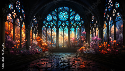 Gothic architecture  stained glass  altar  spirituality illuminated inside generated by AI