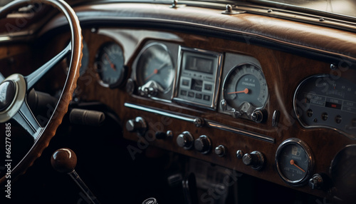 Vintage sports car dashboard chrome elegance, shiny gauge control panel generated by AI © Stockgiu