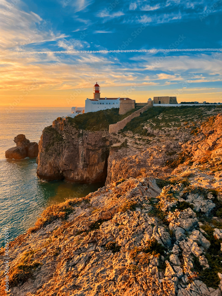 Cape St. Vincent, Cabo de Sao Vicente, Sagres, Algarve, Portugal. Southwestern edge of Europe. Lighthouse of Saint Vicente