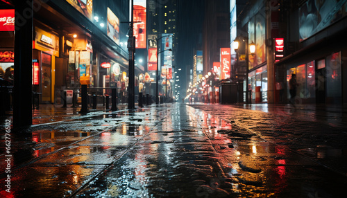 Night city life  rain drenched streets  illuminated skyscrapers  bustling traffic generated by AI