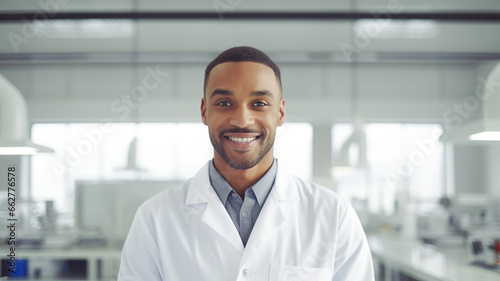 Portrait of black young man wearing lab coat and smiling at camera in clean workshop of pharmaceutical factory. 