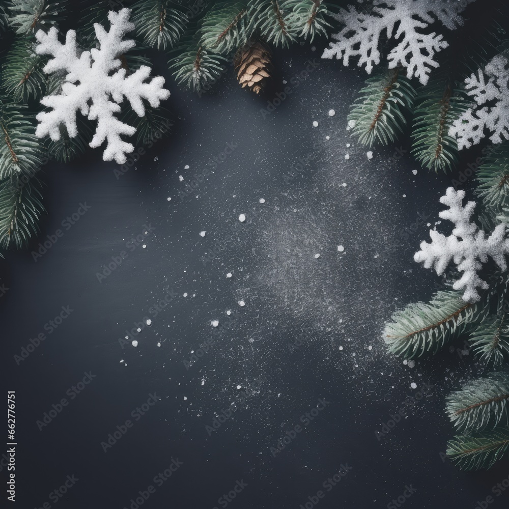 Christmas background with fir branches and snow, xmas flat lay, top view, ai generated