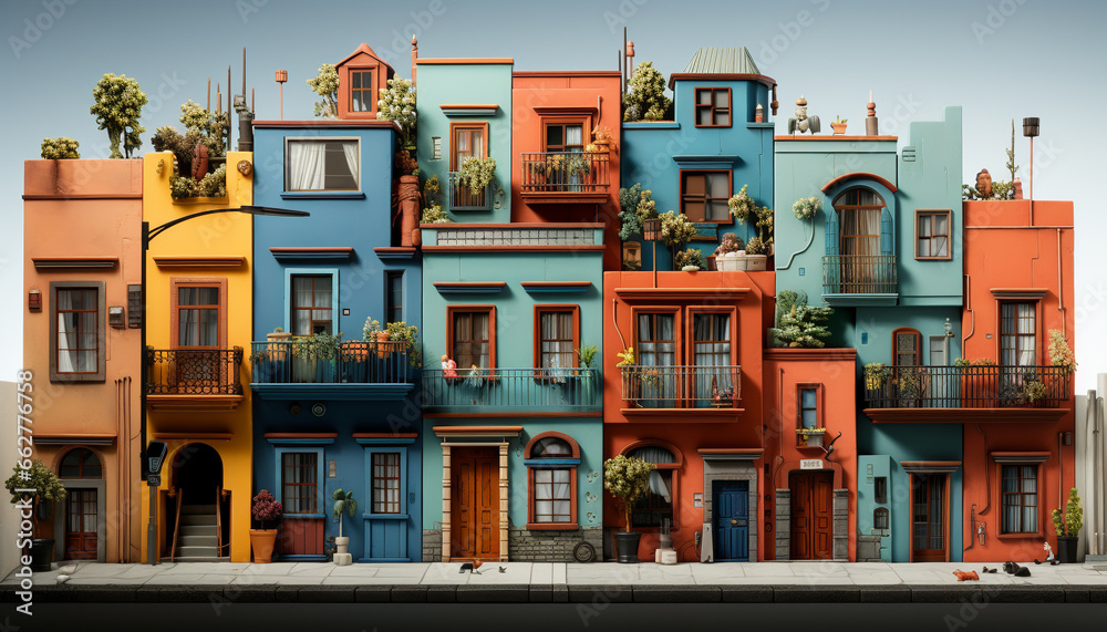 Modern apartment building with vibrant colors, overlooking city skyline at dusk generated by AI Modern apartment building with vibrant colors, overlooking city skyline at dusk generated by AI